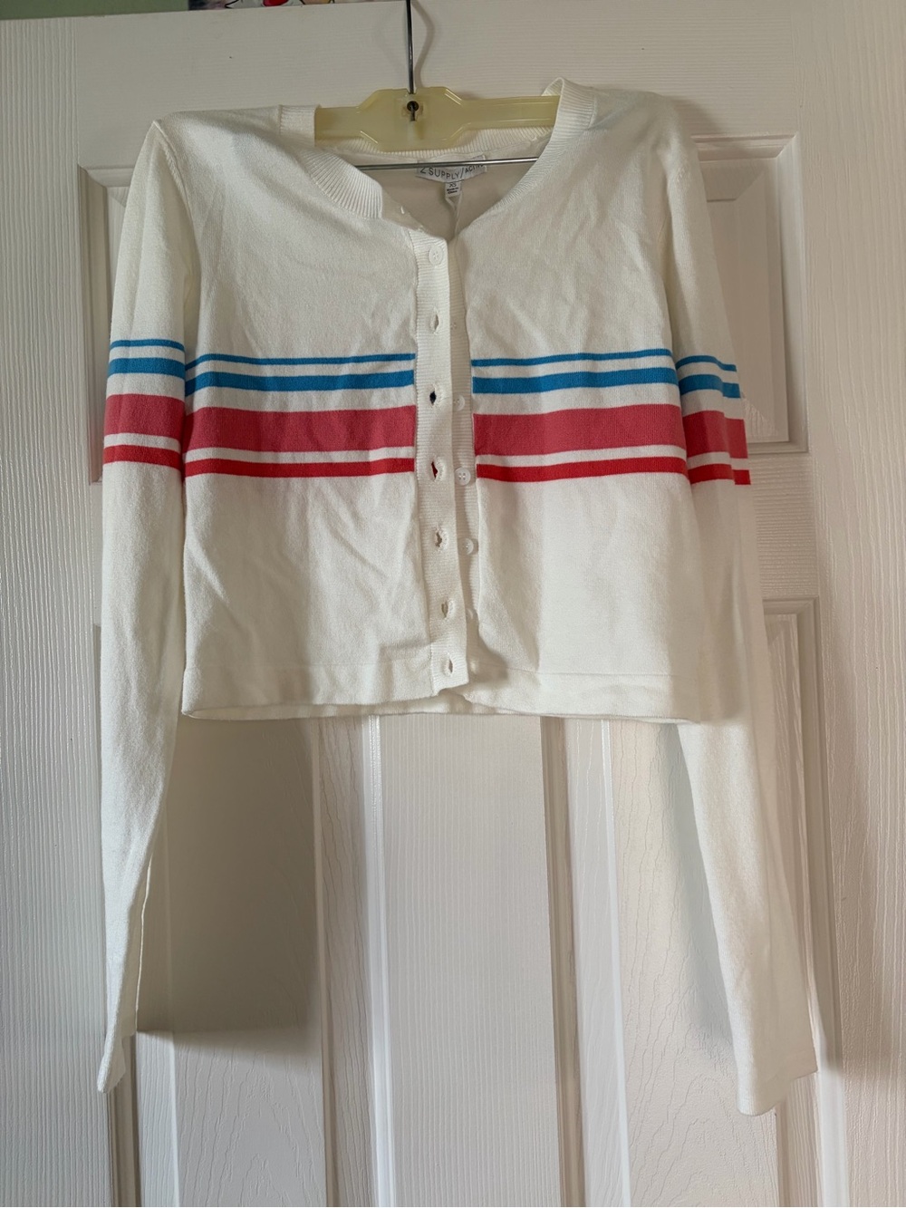 Z Supply White Cropped Cardigan with Red and Blue Stripes